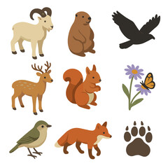 Naklejka premium Mountain Trail Fauna Icons. Isometric Flat icon set of mountain trail fauna: mountain goat, marmot, eagle silhouette, deer,