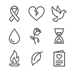 Mourning Symbols Icons. Outline icon set of mourning symbols and ribbons: black ribbon, broken heart, dove silhouette, teardrop,