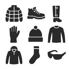 Mountaineering Gear Icons. Solid, Filled icon set of mountaineering clothing: down jacket, hiking boots, gaiters, gloves, beanie,