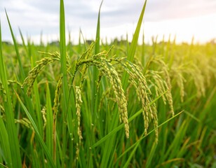 A close-up of green rice ears (unripe Thai rice) gently drooping under their weight in a lush paddy field. The grains are still young, light green with slightly translucent husks, surrounded by vibran