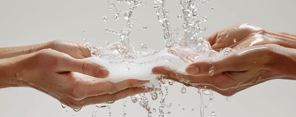 Fototapeta premium Close-up of two hands holding soapy water under falling water