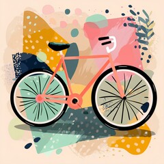 Fototapeta premium Colorful bicycle illustration featuring a pink frame and black seat, set against an abstract background of vibrant shapes and textures, conveying a playful and artistic vibe
