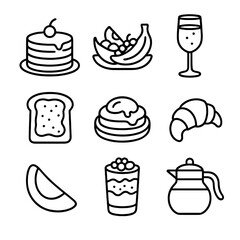 New Year Brunch Icons. Outline icon set of New Year brunch feast: pancake stack, fruit platter, mimosa glass, toast with jam, eggs