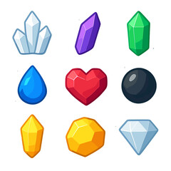 Glowing Crystal Icons. Flat icon set of glowing crystals: quartz cluster, amethyst shard, emerald prism, ruby heart, sapphire
