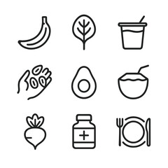 Nutrition Icon Set. Outline icon set of nutrition and diet: banana fruit, spinach leaf, yogurt cup, almond handful, avocado slice,