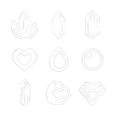 Glowing Crystal Icons. Solid, Filled icon set of glowing crystals: quartz cluster, amethyst shard, emerald prism, ruby heart,