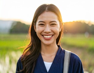 A close-up portrait of a young Southeast Asian woman smiling confidently in traditional farmer clothing, captured from a slightly low angle. She wears a navy blue shirt. The background is softly blurr