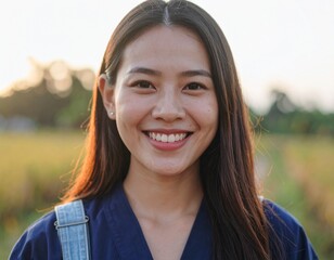 A close-up portrait of a young Southeast Asian woman smiling confidently in traditional farmer clothing, captured from a slightly low angle. She wears a navy blue shirt. The background is softly blurr