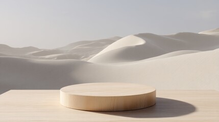 Beige podium platform in a desert landscape with sand dunes and soft light.