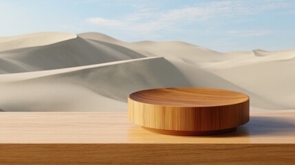 Wooden podium on a table with sand dunes and blue sky in background.