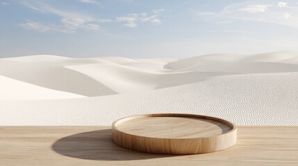 Round wooden platform on a wooden surface with white sand dunes background.