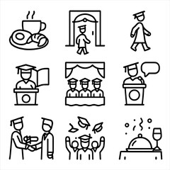 Graduation Day Icons. Outline icon set of graduation day timeline: morning breakfast, arrival gate, rehearsal walk, ceremony begin