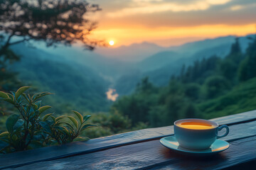 Sunset serenity with a warm cup of tea overlooking misty mountains