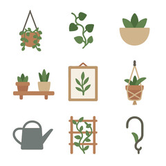 Greenery Icon Set. Flat icon set of greenery decor: hanging planter, climbing vine, wall pocket, shelf succulents, botanical print