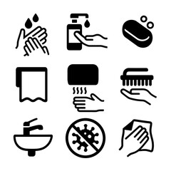 Fototapeta na wymiar Hand Hygiene Icons. Flat icon set of hand hygiene practices: hand wash, hand sanitizer dispenser, soap bar, paper towel, hand