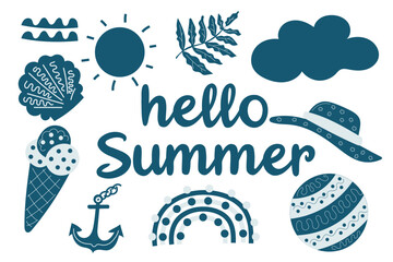 Colorful summer-themed illustration featuring sun, ice cream, and cheerful elements for seasonal celebration. Vector