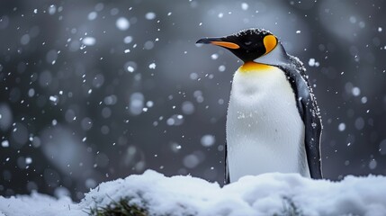 Fototapeta premium A striking penguin stands proudly in a snowy landscape, showcasing its distinctive colors and poised demeanor, capturing the charm and resilience of wildlife in harsh climates.