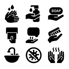 Hand Hygiene Icons. Solid, Filled icon set of hand hygiene practices: hand wash, hand sanitizer dispenser, soap bar, paper towel,