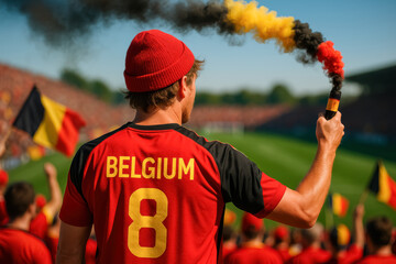 Belgian Fan with Red Beanie Holding Tricolor Flare

