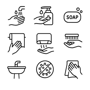 Hand Hygiene Icons. Outline icon set of hand hygiene practices: hand wash, hand sanitizer dispenser, soap bar, paper towel, hand