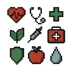 Obraz premium Health Equity Icons. Pixel art icon set of health equity: heart monitor, stethoscope, hospital cross, wellness leaf, syringe,