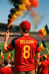 Belgian Fan with Red Beanie Holding Tricolor Flare

