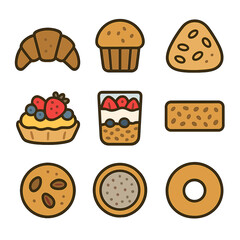 Healthy Pastry Icon Set. Flat icon set of healthy pastry alternatives: whole grain croissant, gluten-free muffin, oat scone, fruit