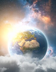 A highly realistic 3D Earth floating in deep space, illuminated by soft light from the sun, with detailed continents and realistic clouds. The background features a colorful galaxy with stars, nebulae
