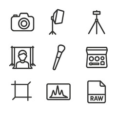 Photography Icon Set. Outline icon set of professional photo portrait: camera, lighting softbox, tripod, backdrop, retouch brush,