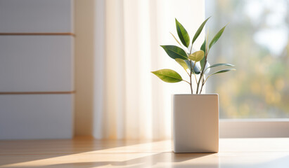 A minimalist potted plant gracefully enhances a sunlit indoor space, reflecting tranquility and the beauty of nature, ideal for modern living and charming decor.