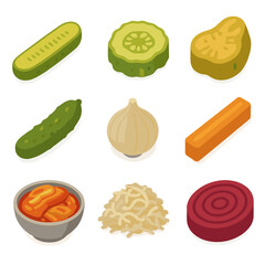 Isometric Pickle Icon Set. Isometric Flat icon set of pickle varieties: dill pickle spear, sweet pickle slice, bread-and-butter