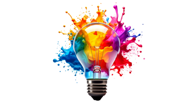 Color splash lightbulb concept isolated on solid white  background Png 