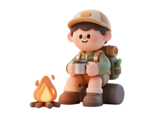 3D cartoon boy camper sitting by campfire with backpack and cup, outdoor adventure scene, isolated on white background