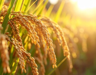 A highly detailed close-up of golden rice ears bending gently under their own weight. The ripe grains are full and golden, surrounded by bright green leaves. Warm sunlight from the side creates soft h