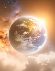 A highly realistic 3D Earth floating in deep space, illuminated by soft light from the sun, with detailed continents and realistic clouds. The background features a colorful galaxy with stars, nebulae