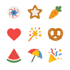 Holiday Garnish Icons. Flat icon set of themed garnishes: Halloween eyeball, Christmas cinnamon star, Easter bunny carrot,