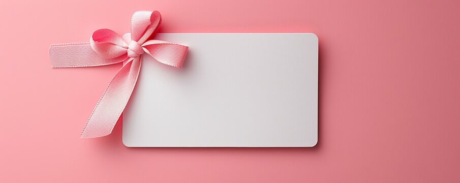 White blank rectangular tag with pink ribbon on soft pink background for gift or invitation purposes