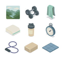 Isometric Power Yoga Icons. Isometric Flat icon set of power yoga overlooking valley: valley panorama, dumbbell set, towel draped,