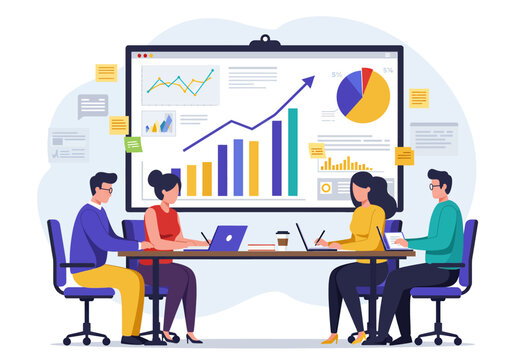 A professional vector illustration of a business meeting presentation, where a team collaborates and analyzes data on large screens, perfect for corporate and analytical themes