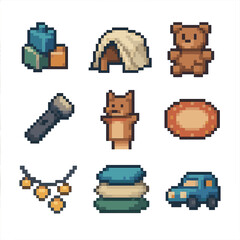 Indoor Play Icons. Pixel art icon set of indoor play: blocks, blanket fort, plush toy, flashlight, puppet, rug, string lights,