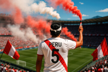 Peruvian Soccer Fan Celebrating with Red Flare

