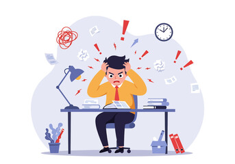 Frustrated flat vector illustration: A businessman or employee sits at his computer, holding his head in stress with lightning bolt effects, symbolizing burnout, pressure, and work overload