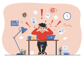 Frustrated flat vector illustration: A businessman or employee sits at his computer, holding his head in stress with lightning bolt effects, symbolizing burnout, pressure, and work overload