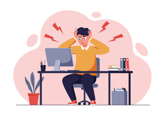 Frustrated flat vector illustration: A businessman or employee sits at his computer, holding his head in stress with lightning bolt effects, symbolizing burnout, pressure, and work overload