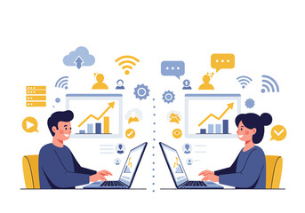 Dynamic flat vector illustration: Two professionals independently work on laptops, showcasing online task management, communication, and financial growth with charts and speech bubbles