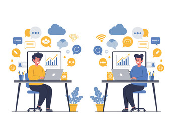 Dynamic flat vector illustration: Two professionals independently work on laptops, showcasing online task management, communication, and financial growth with charts and speech bubbles