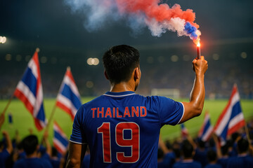 Thai Fan Celebrating at Night Match with Flare

