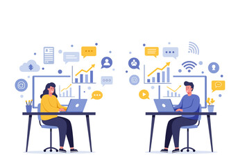 Dynamic flat vector illustration: Two professionals independently work on laptops, showcasing online task management, communication, and financial growth with charts and speech bubbles