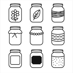 Jar Decoration Icons. Outline icon set of jar decoration techniques: painted jar, etched glass, twine wrap, fabric cover, pearl