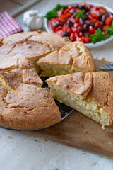Greek flatbread baked with feta cheese Tiganopsomo fresh and homemade baked